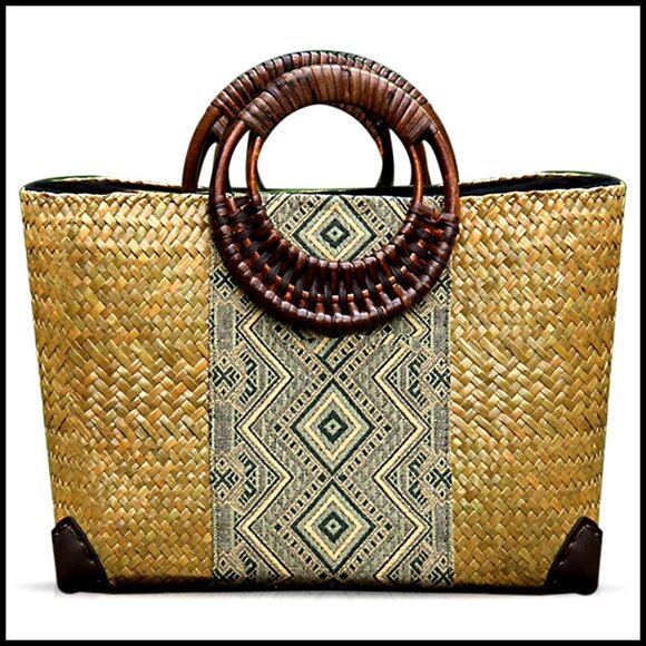 Large Rattan Tote Bag Boho Retro Handwoven Beach Travel Handbag